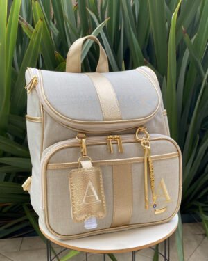 Mochila 2 em 1 com alça fixa – Linho Bege Cru com Dourado