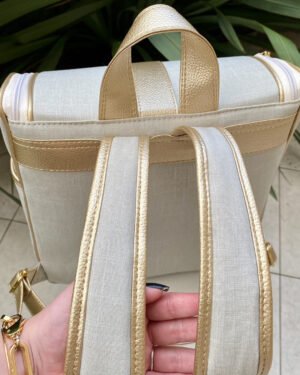 Mochila 2 em 1 com alça fixa – Linho Bege Cru com Dourado