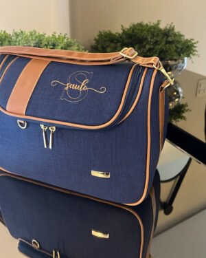 Frasqueira Luna – Linho Azul Marinho + Caramelo