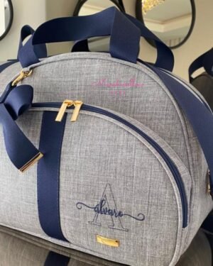 Bolsa Clássica G – Linho cinza + fita azul marinho