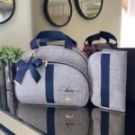 Bolsa Clássica G - Linho cinza + fita azul marinho