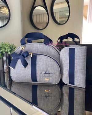 Bolsa Clássica G – Linho cinza + fita azul marinho