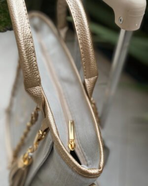Bolsa Charlotte – Linho bege cru + dourado
