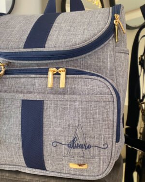 Mochila 2 em 1 – Linho cinza + Azul marinho