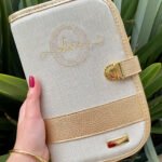 Porta Caderneta - Linho Bege Cru + Dourado