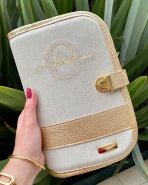 Porta Caderneta – Linho Bege Cru + Dourado