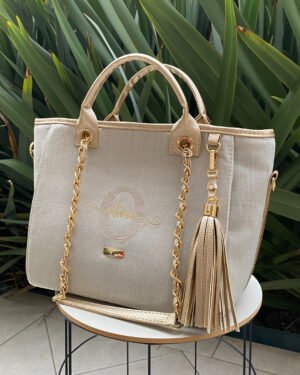 Bolsa Charlotte – Linho bege cru + dourado