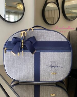 Mala Maternidade Clássica – Linho cinza + azul marinho