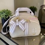Bolsa Clássica M - Linho bege cru + fitas cinza com branco