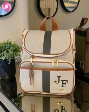 Mochila 2 em 1 alças fixas – Linho bege cru + caramelo + verde