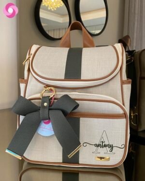 Mochila 2 em 1 MINI – Linho bege cru + caramelo + verde