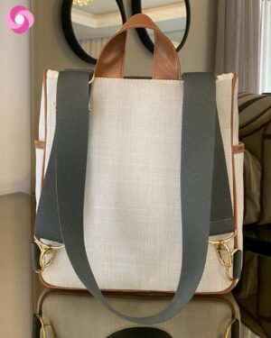 Mochila 2 em 1 MINI – Linho bege cru + caramelo + verde